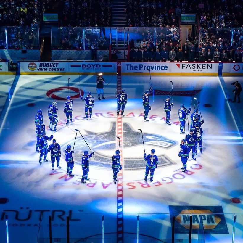 View above the ice of the team before the game | The Pint Vancouver.
